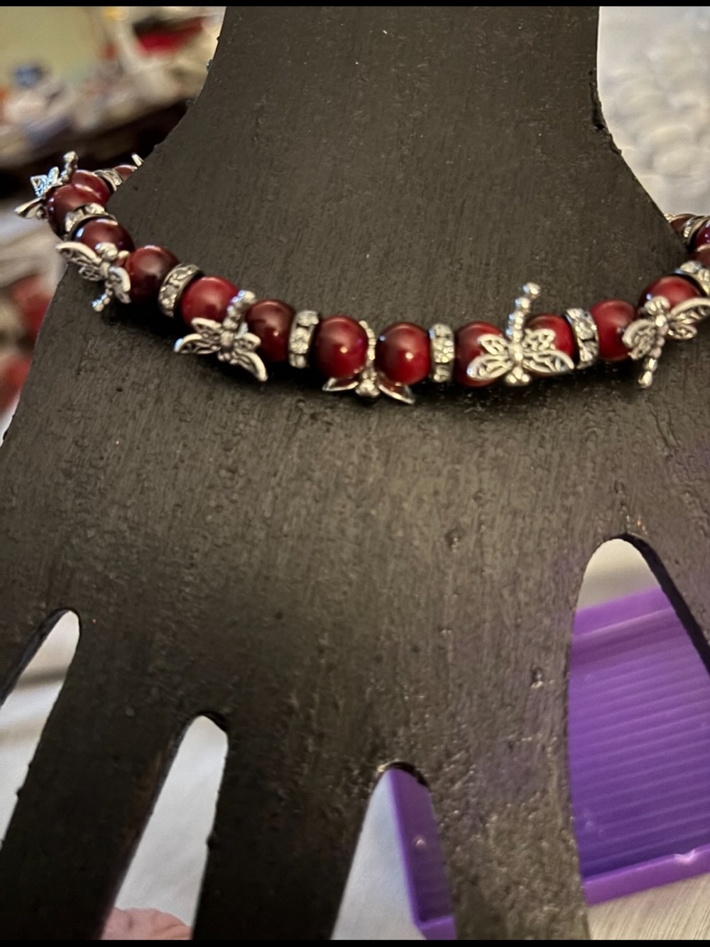 Red Bead Bracelet with Silver Butterfly Accents